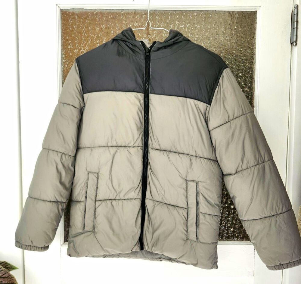 Old Navy Boys Colorblock Puffer Jacket Hooded Full Zip Pockets Gray/Black 10-12